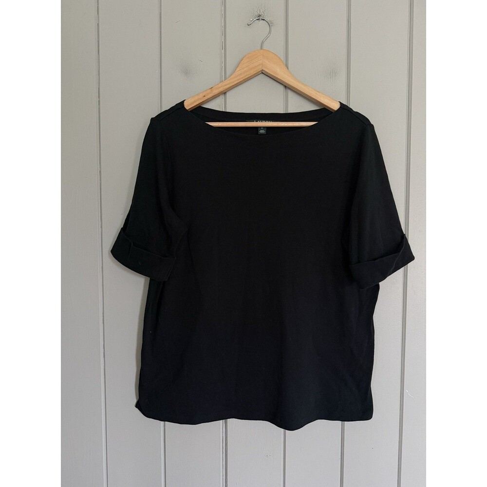 Lauren Ralph Lauren Top 1X Cuffed Boat Neck Solid Black Cotton Basic Minimalist
